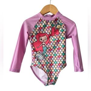 Disney Girls Pink Mermaid Ariel Rash Guard Swimsuit - Multicolor Scales